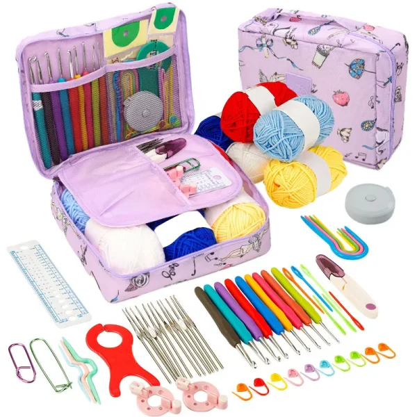 Beginner Crochet Kit – All-in-One Set with Hooks, Yarn for Travel – Purple