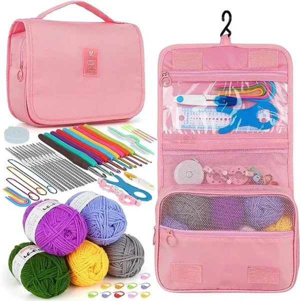Beginner Crochet Kit – All-in-One Set with Hooks, Yarn for Travel – Pink