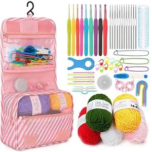 Beginner Crochet Kit – All-in-One Set with Hooks, Yarn for Travel – Pink Stripe