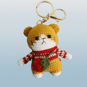 Festive Little Bear Amigurumi Keychain with Apple Scarf