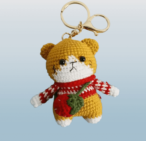 Festive Little Bear Amigurumi Keychain with Apple Scarf
