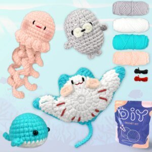 YAMAXIN 4PCS DIY Crochet Kit for Beginners Ocean Animal Themed Easy Craft Tool Set Arts And Crafts Knitting