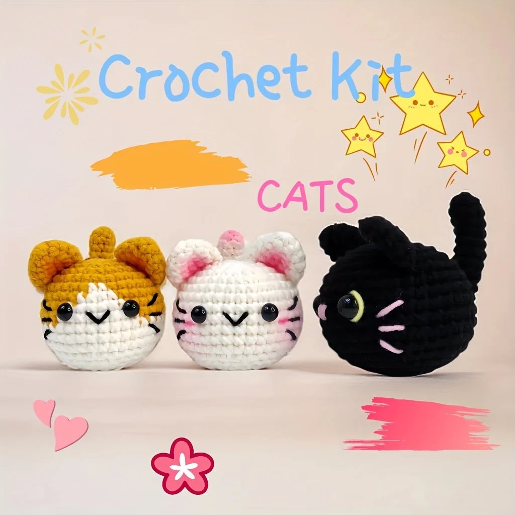 3pcs Cat Amigurumi, Crochet Kit for Beginner, Step-by-Step Video Tutorial Included - Craft Kit for Beginners - DIY Crochet Cats