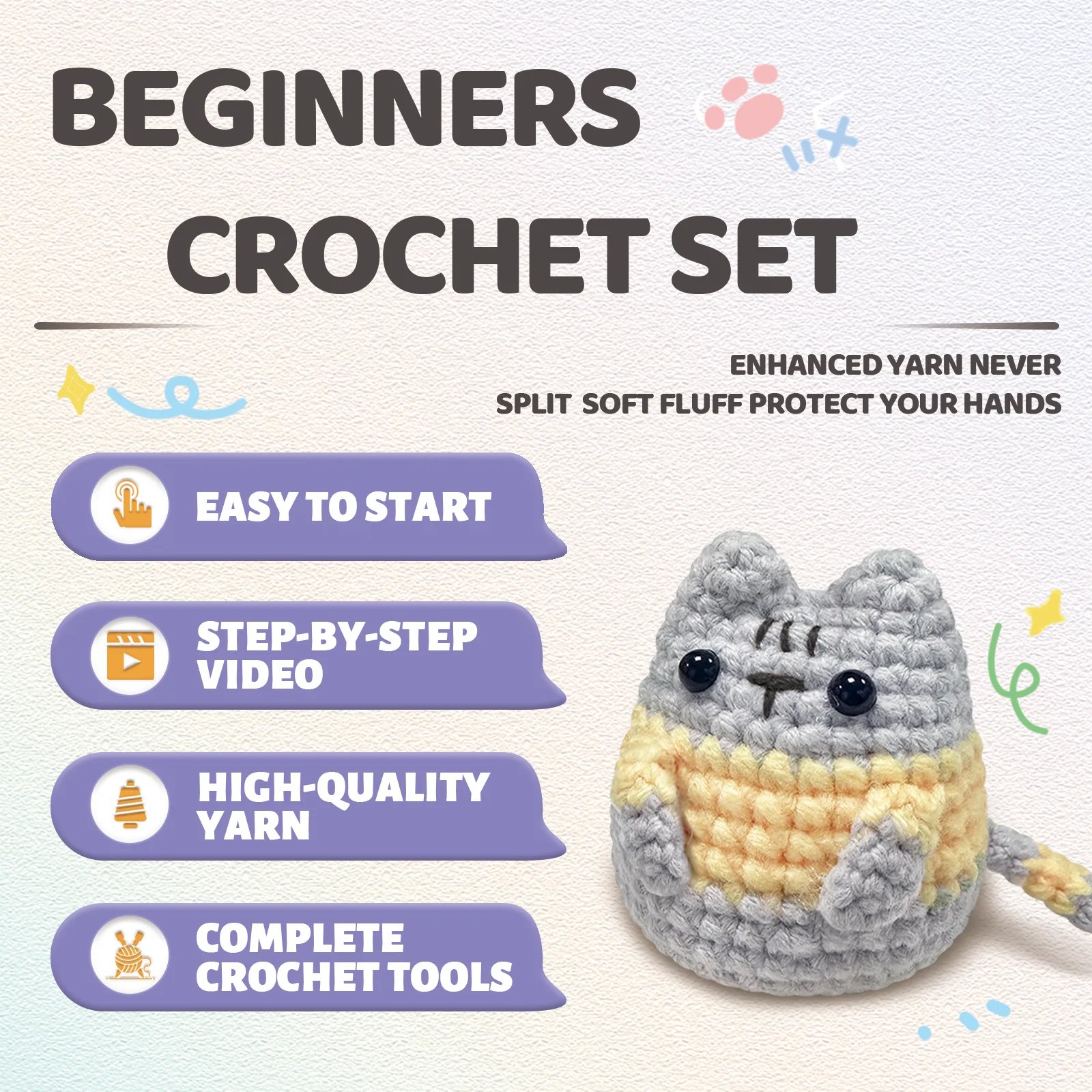 1pc Little Grey Cat,Crochet Set for Beginners,Include Step-by-Step Video Tutorials(Accessories In Random Color) - Image 4