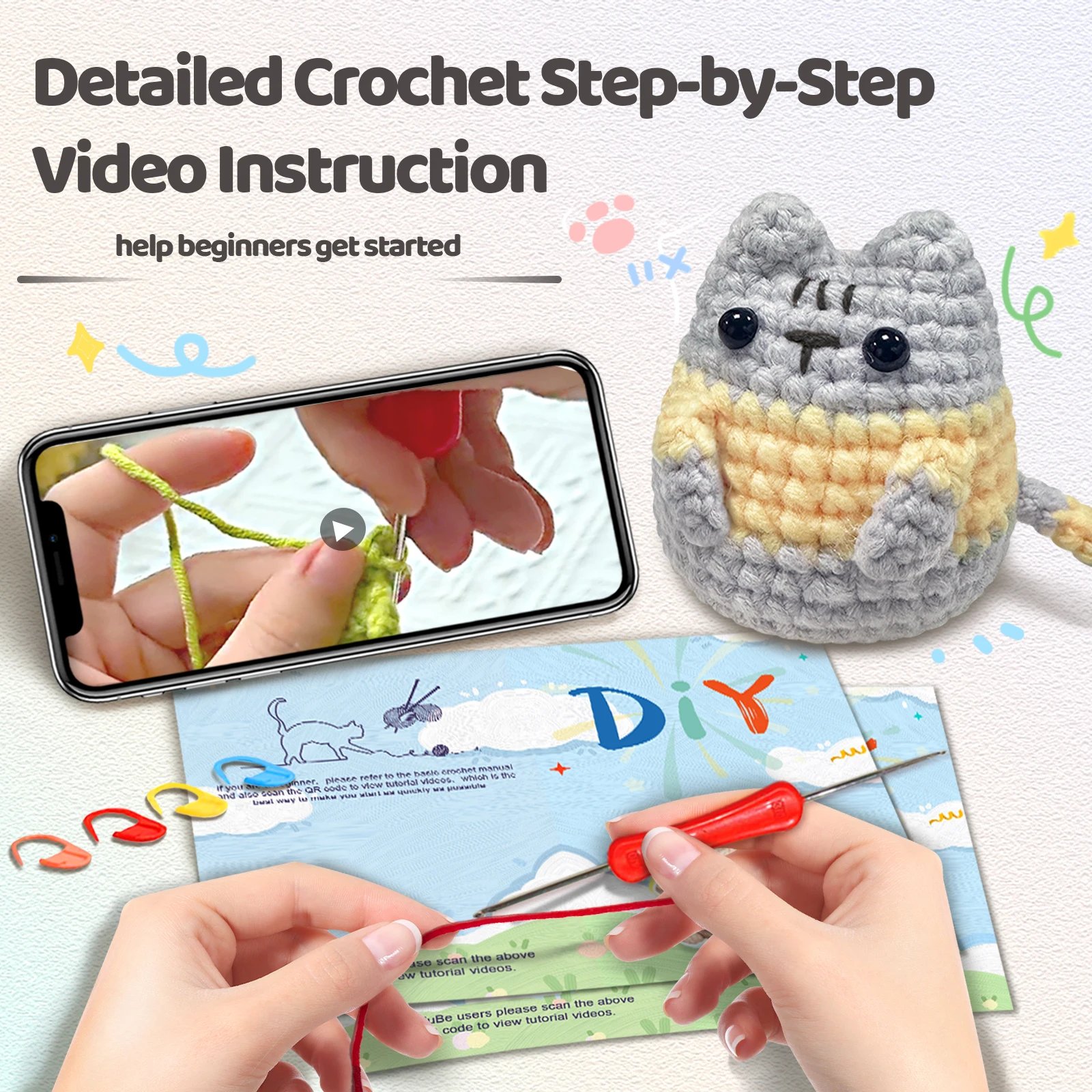 1pc Little Grey Cat,Crochet Set for Beginners,Include Step-by-Step Video Tutorials(Accessories In Random Color) - Image 5