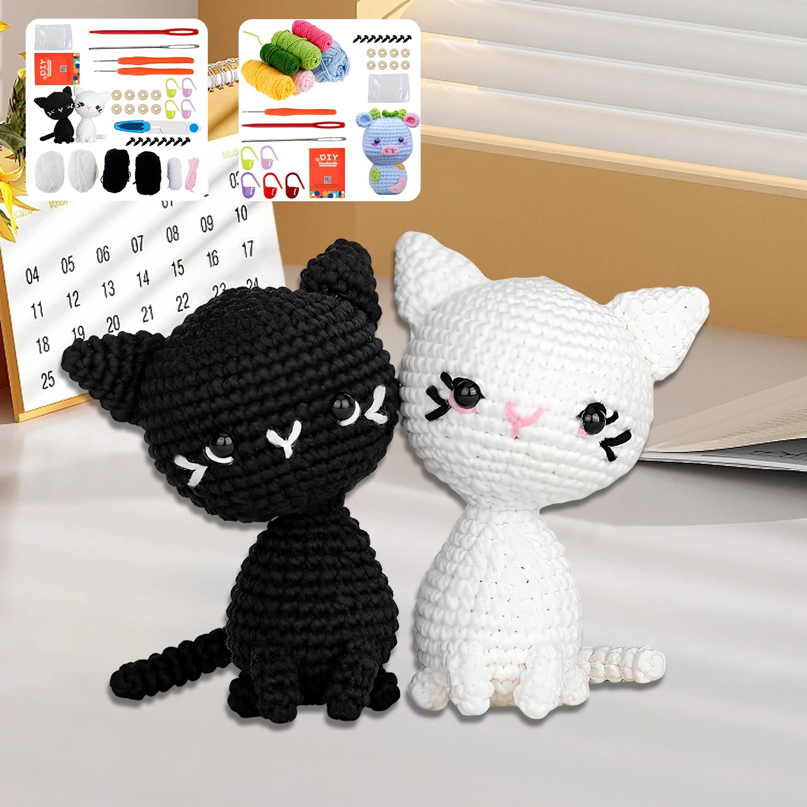 Starter Crochet Kit Cat/Pig Crochet Knitting Kit Complete Crochet Beginners Set DIY Crochet Animal Kits with Yarn Crochet Hooks