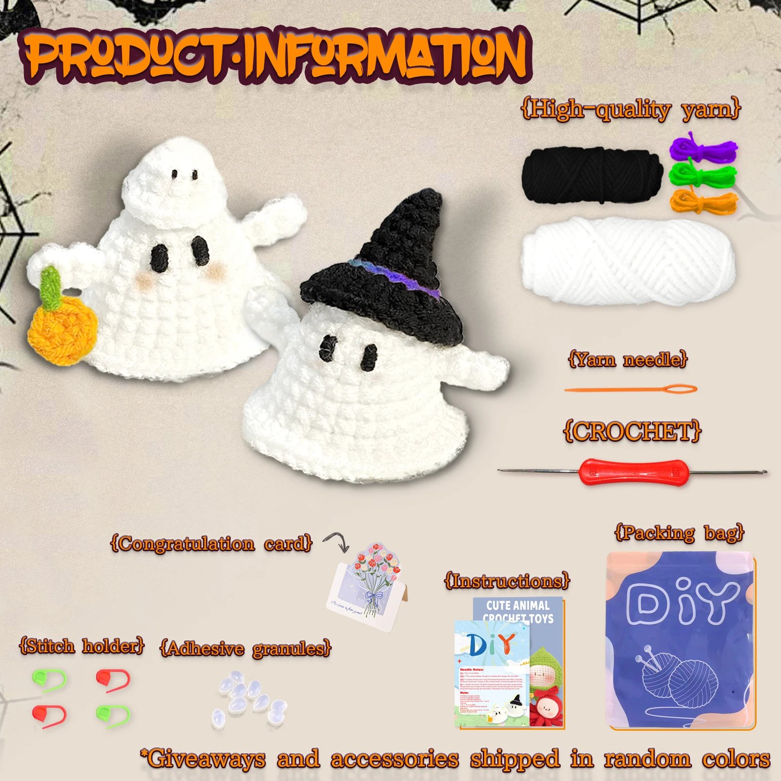 2PCS Halloween Ghost Crochet Set,Easy Beginner-Friendly Craft with Step-by-Step Video Tutorial(Accessories In Random Color) - Image 4