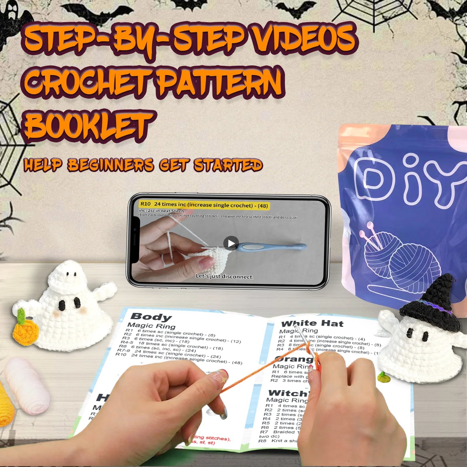 2PCS Halloween Ghost Crochet Set,Easy Beginner-Friendly Craft with Step-by-Step Video Tutorial(Accessories In Random Color) - Image 5