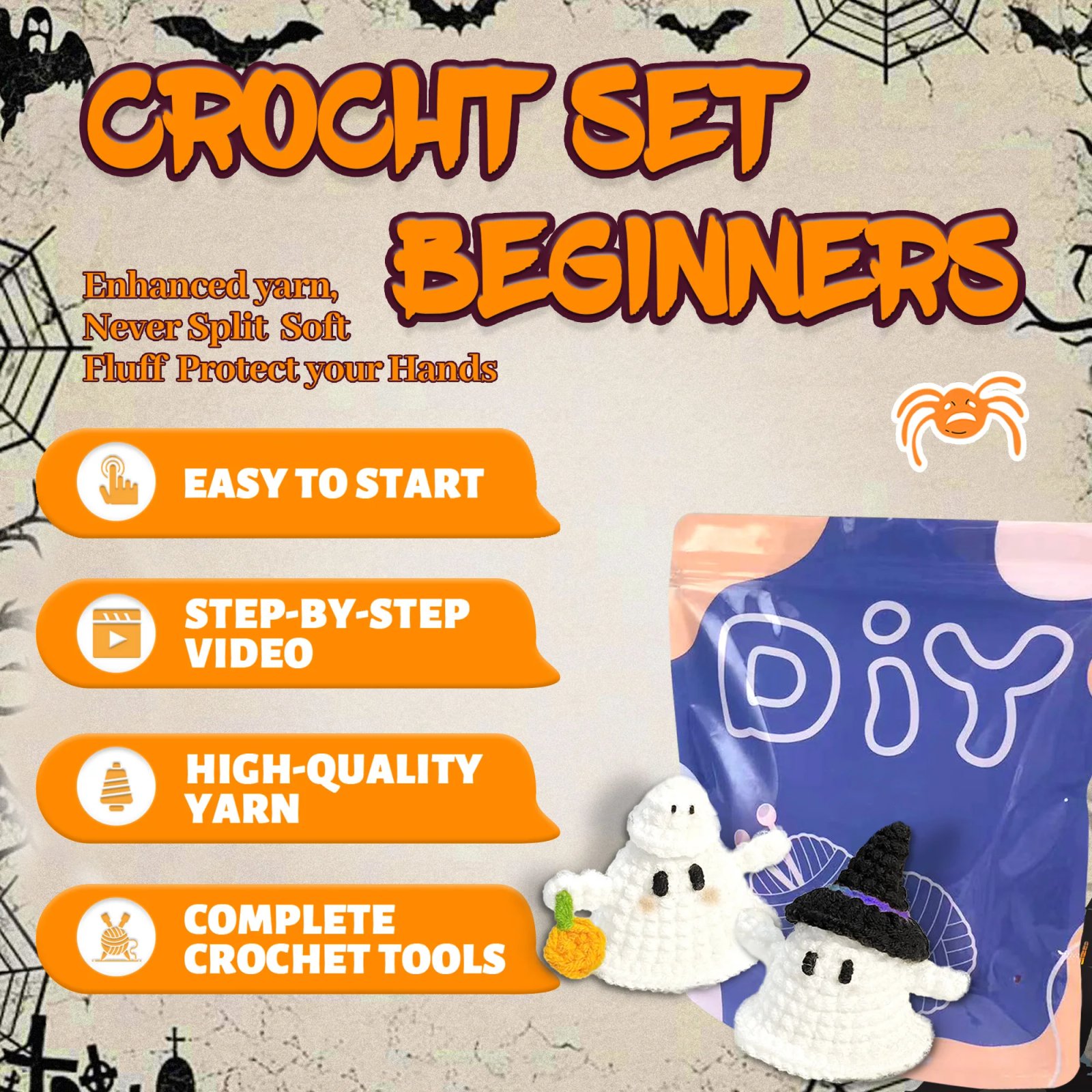 2PCS Halloween Ghost Crochet Set,Easy Beginner-Friendly Craft with Step-by-Step Video Tutorial(Accessories In Random Color) - Image 3