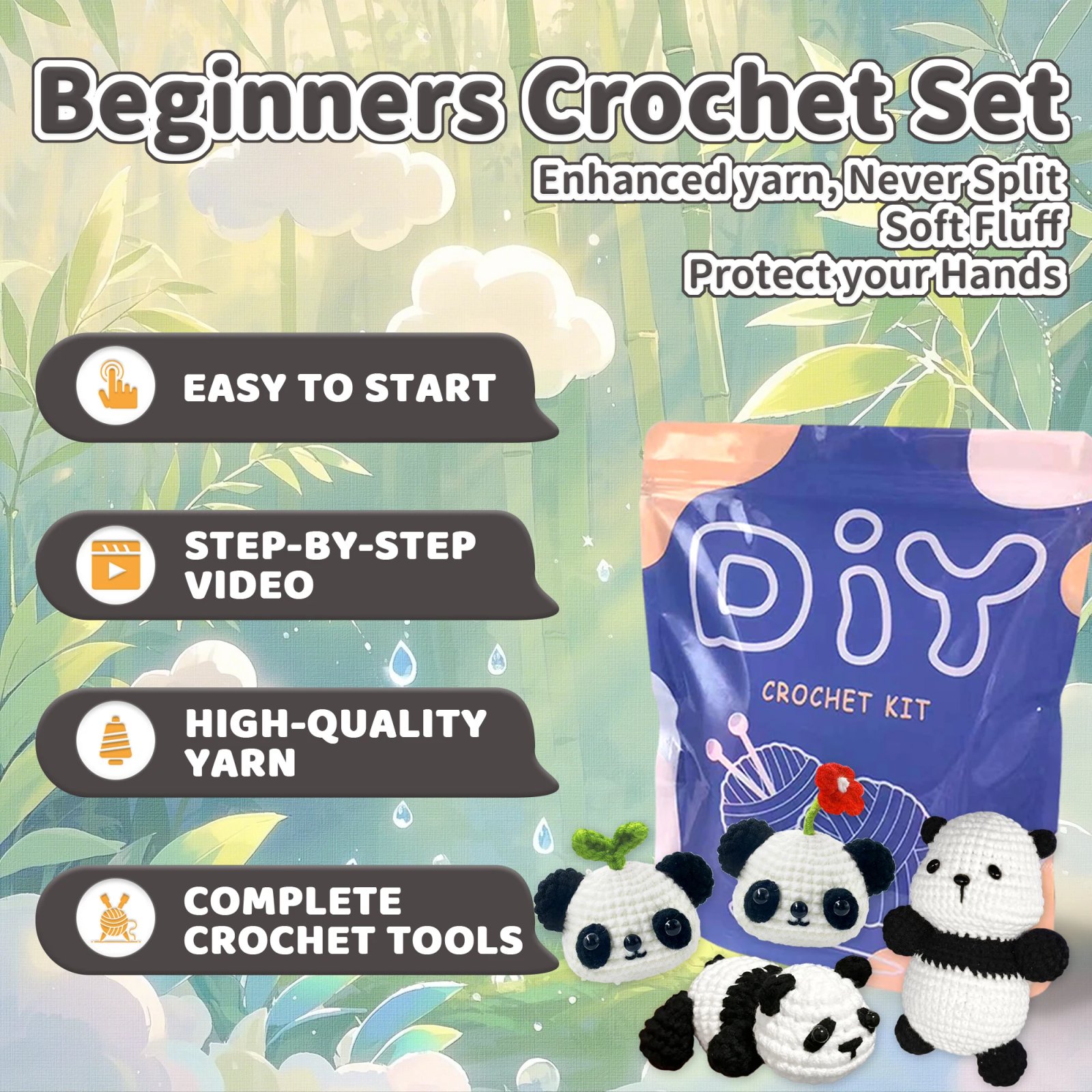 YAMAXIN 4PC Panda Crochet Needle Set Beginner Craft Tool Kit Easy DIY Arts And Crafts Knitting Novice Friendly - Image 3