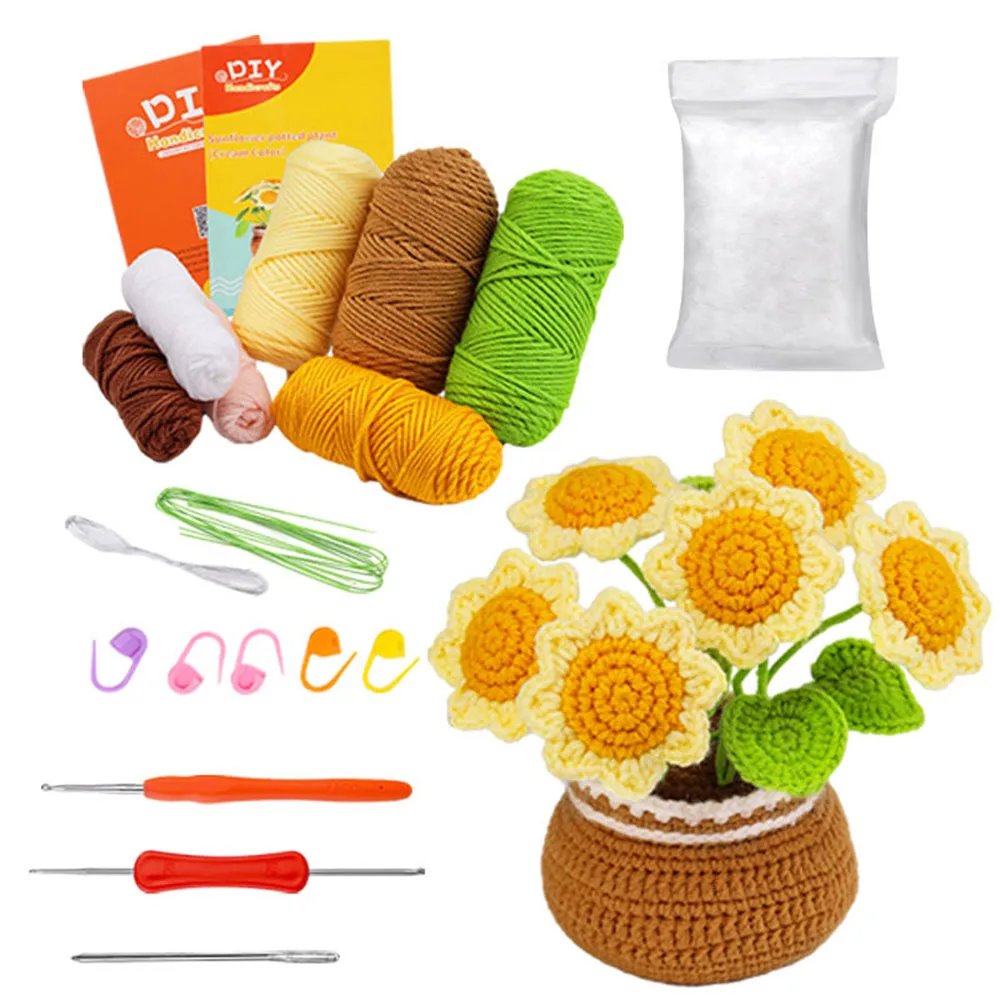 DIY potted plant crochet kit cotton yarn beginner floral kit including instruction manual