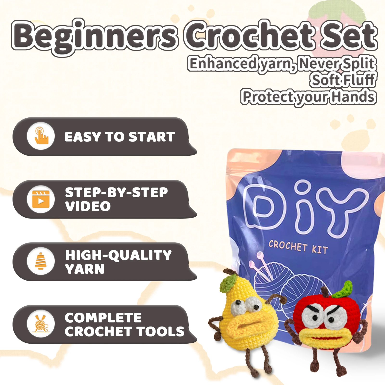 YAMAXIN DIY Crochet Kit for Beginners Easy Craft Tool Set with Cute Fruit Theme Knitting Arts And Crafts Project - Image 2
