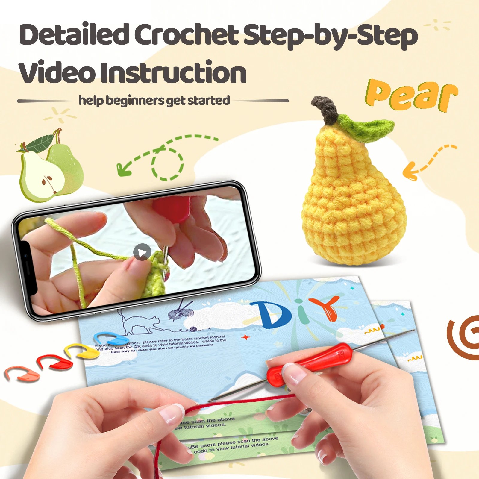 1PC Pear Crochet Set for Beginners,Include Step-by-Step Video Tutorials(Accessories In Random Color) - Image 5