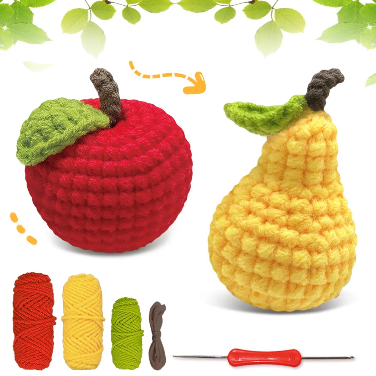 2pcs Fruit Crochet Kit, Amigurumi Knitting Kit, Including Yarn, Hook, Step-by-Step Video Tutorials And Instruction