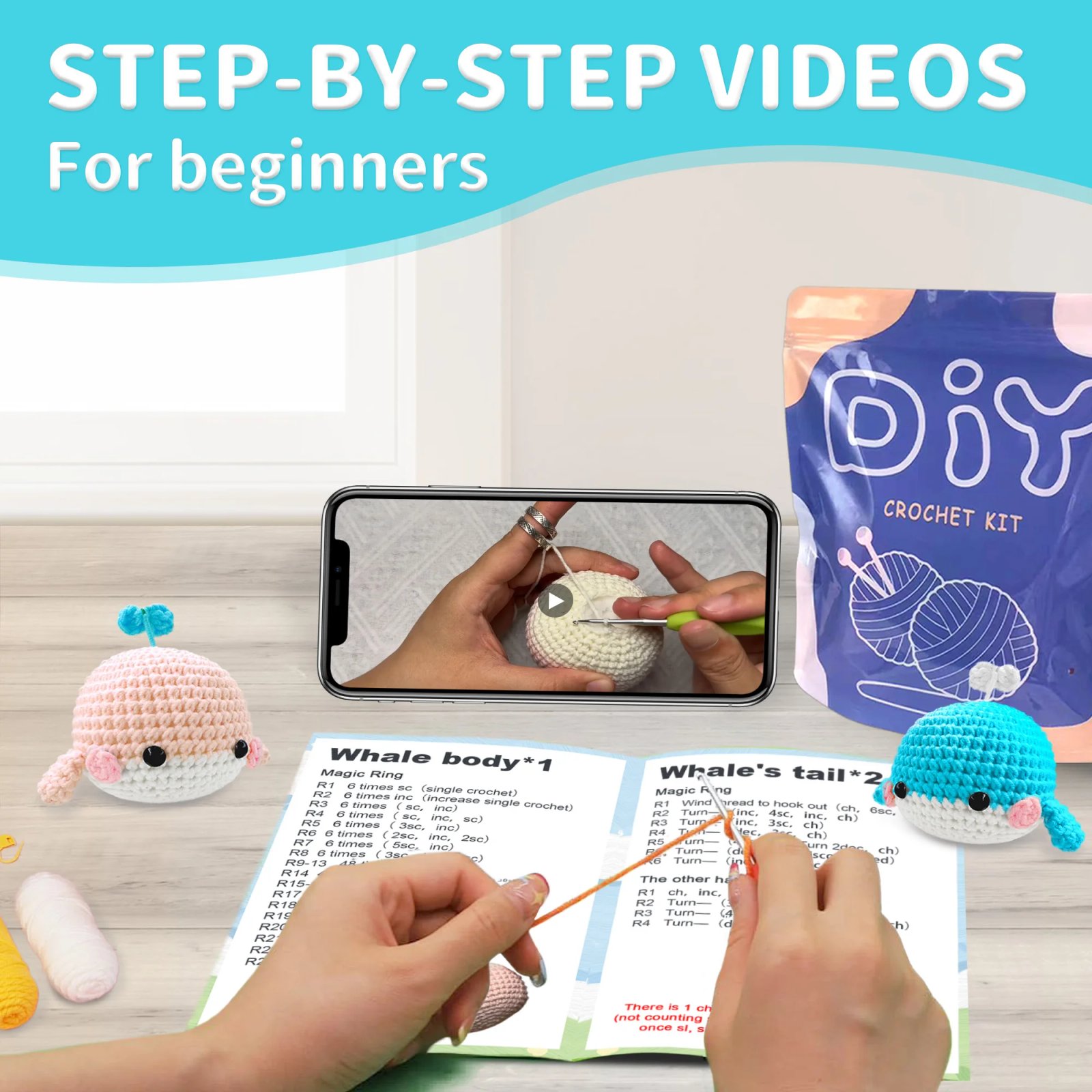 YAMAXIN 1set Whale Crochet Set for Beginners,Include Step-by-Step Video Tutorials(Accessories In Random Color) - Image 6