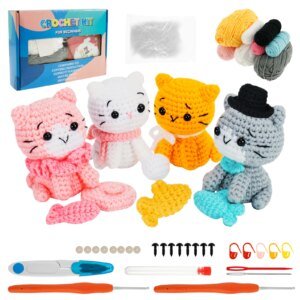 Crochet Kit for Beginners DIY Knitting Craft Kit Fun Cat Crochet Set with Accessories and Tutorial for Beginners Adults Kids