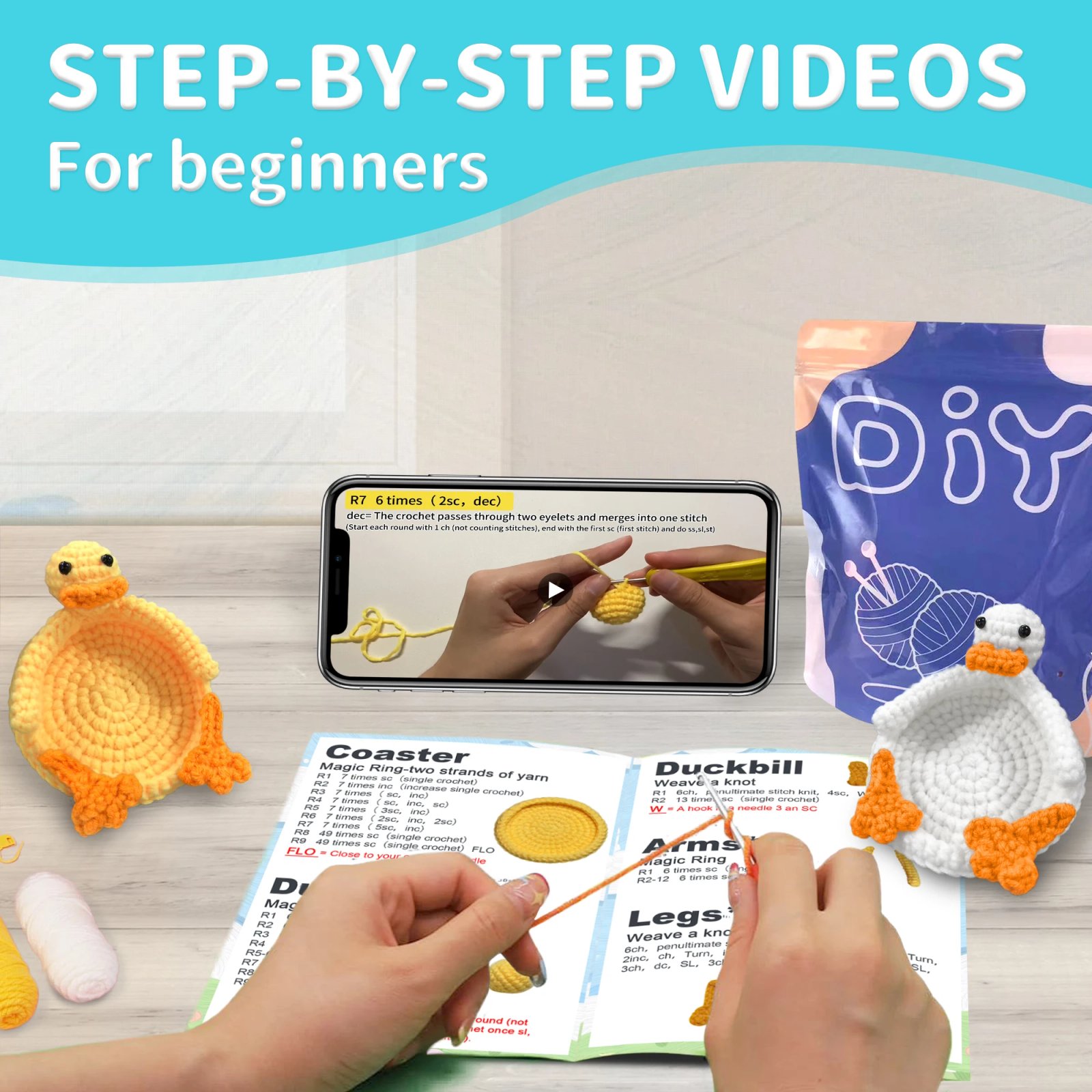 1pcs, Duck Coasters Crochet Set for Beginners, Starter Kit with Step-by-Step Video Tutorials, DIY Knitting Craft Supplies Gift - Image 4