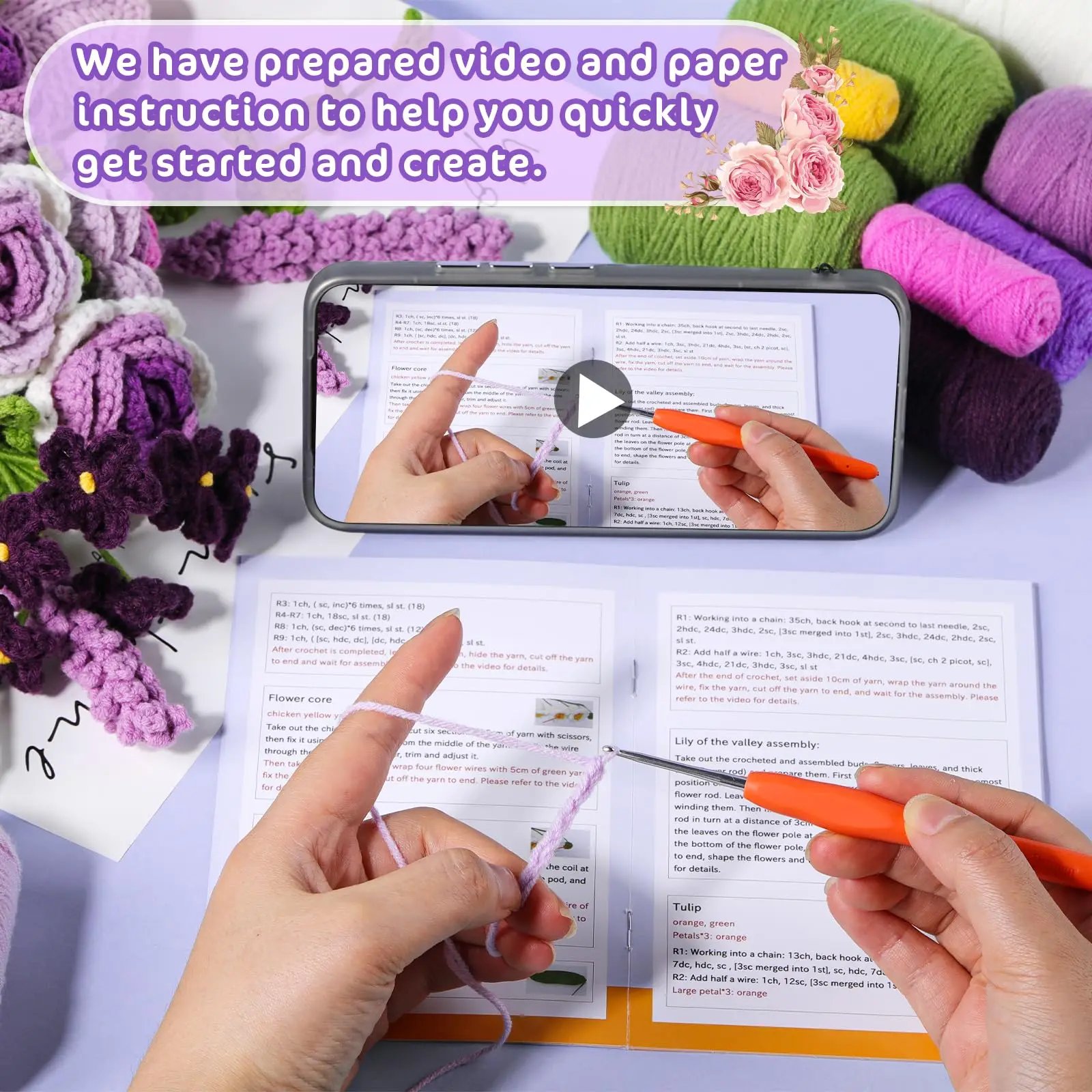 Fenrry Flower Bouquet Crochet Kit Rose Crochet Kit for Beginners with Step-by-Step Video Tutorials for Present and Home Decor - Image 3