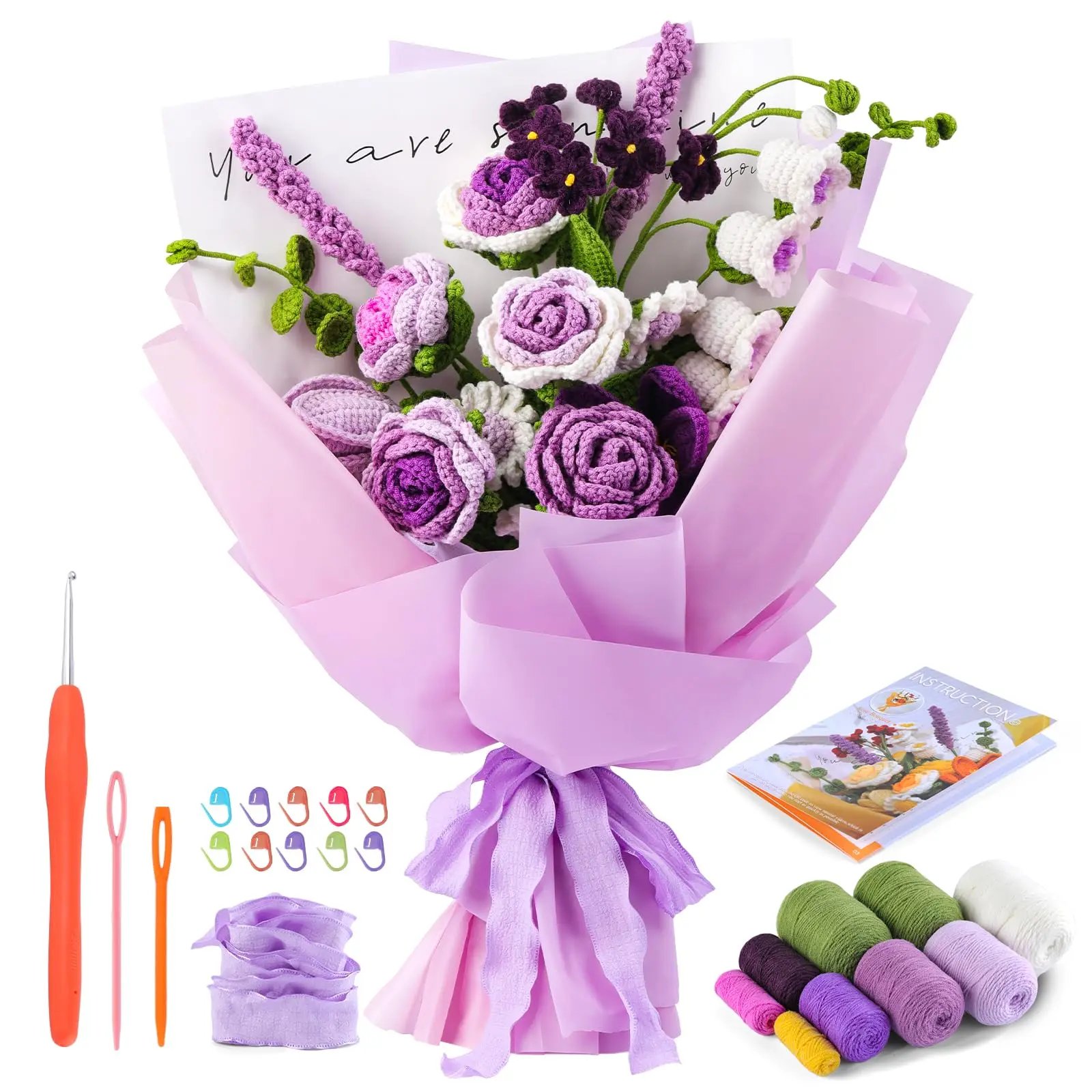 Fenrry Flower Bouquet Crochet Kit Rose Crochet Kit for Beginners with Step-by-Step Video Tutorials for Present and Home Decor