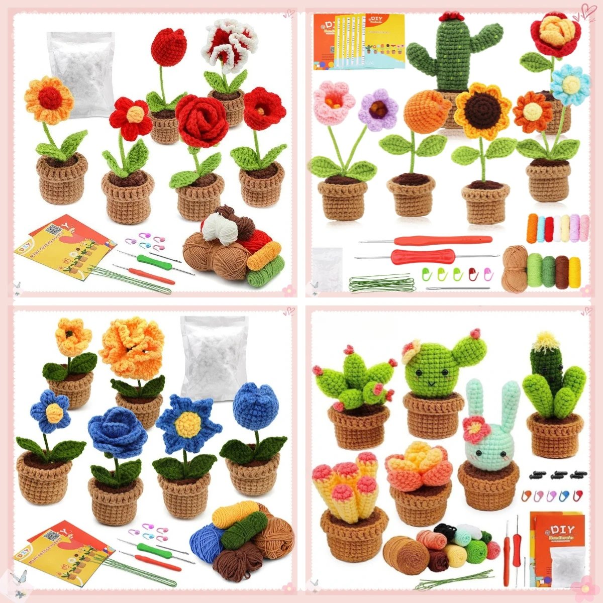 Cute Cactus Flower Lavender Tulip Monstera Plants Crocheting Materials Kit Handmake Crochet Kit Supply Knitted Set for Handcraft