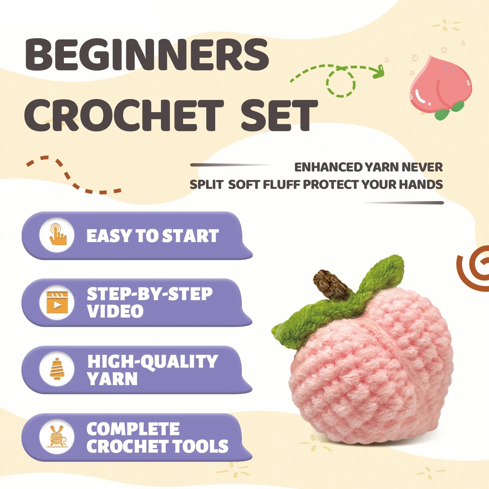 1PC Peach Crochet Set for Beginners,Include Step-by-Step Video Tutorials(Accessories In Random Color) - Image 5