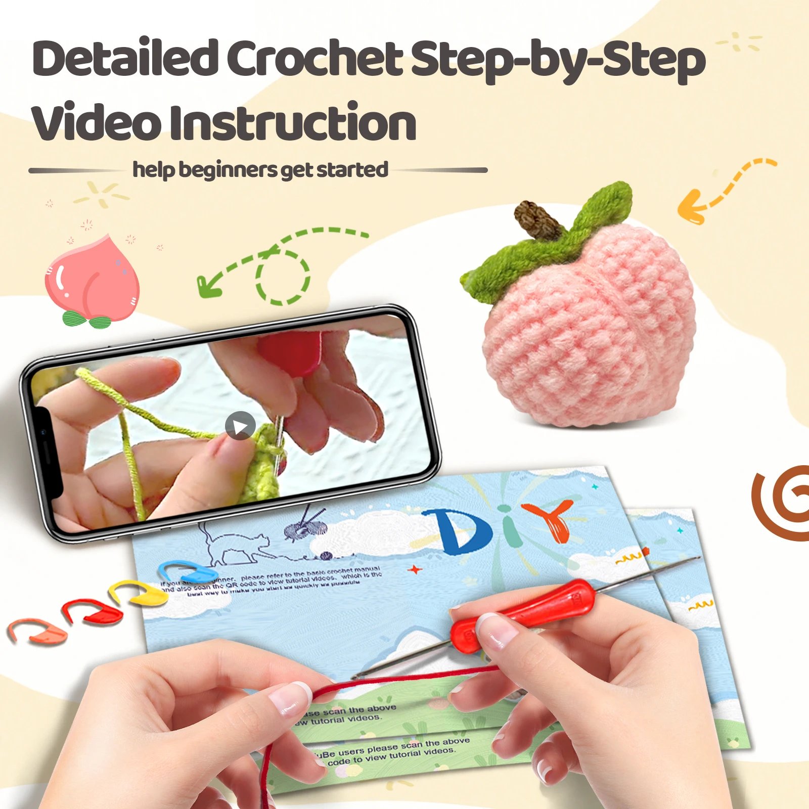 1PC Peach Crochet Set for Beginners,Include Step-by-Step Video Tutorials(Accessories In Random Color) - Image 6