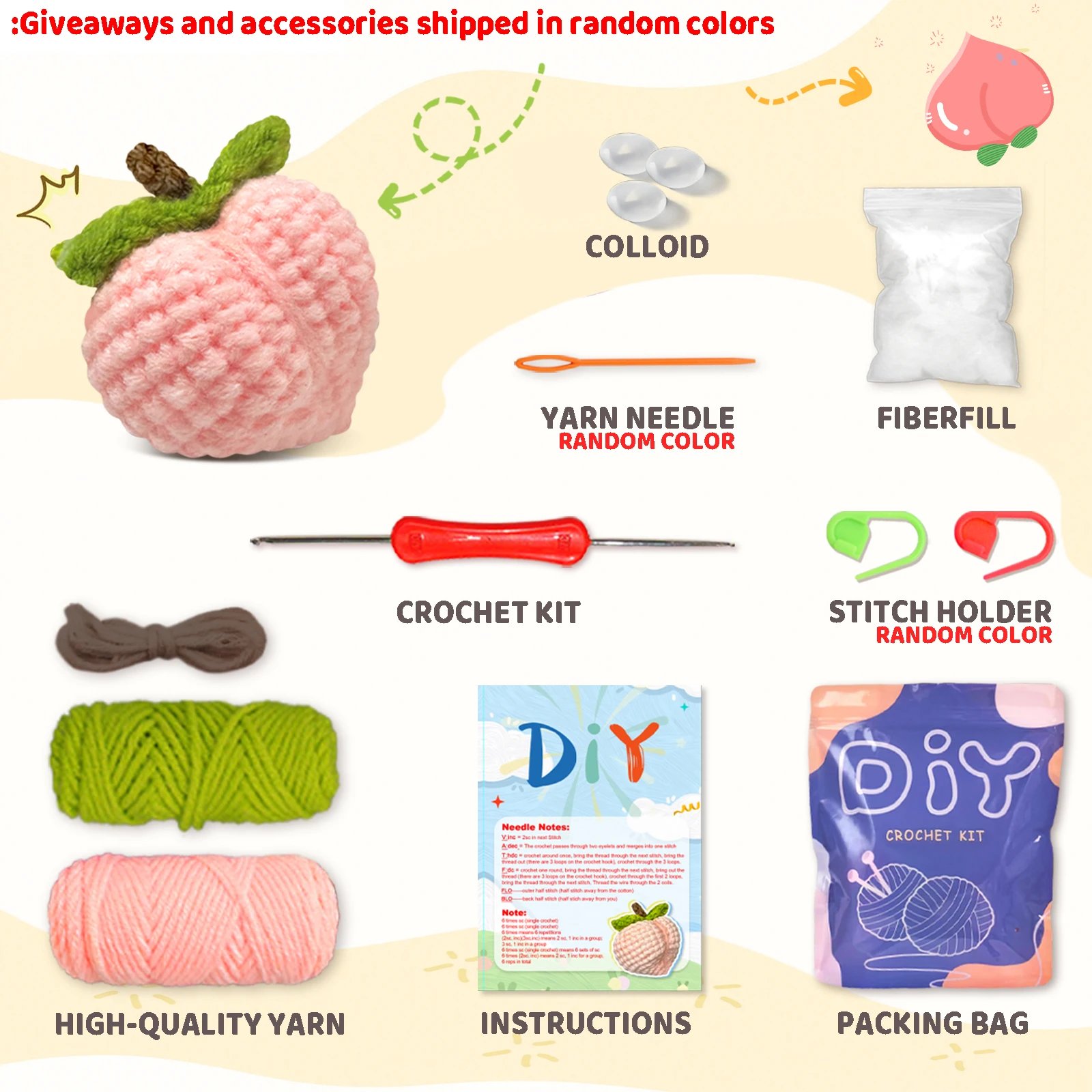 1PC Peach Crochet Set for Beginners,Include Step-by-Step Video Tutorials(Accessories In Random Color) - Image 2