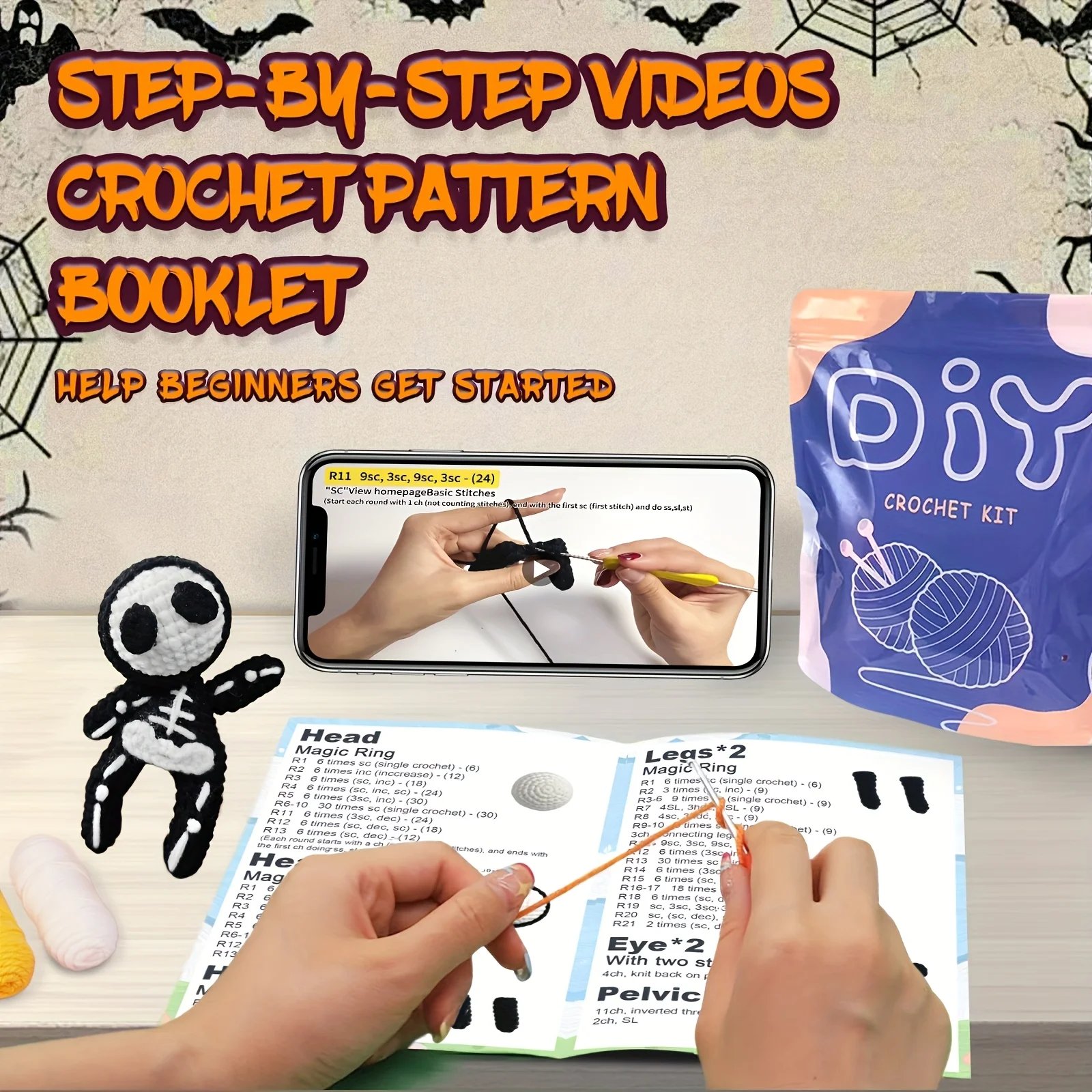 1pc Small Skull Crochet Kit, Halloween Fabric, Beginner's Crochet Kit with Step-by-Step Video Tutorial And Yarn - Image 5