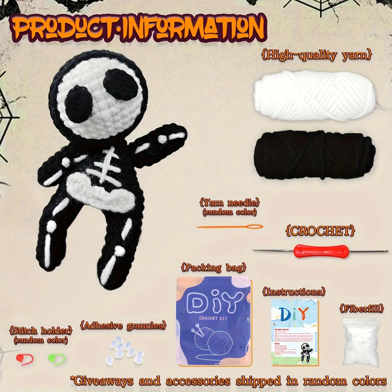 1pc Small Skull Crochet Kit, Halloween Fabric, Beginner's Crochet Kit with Step-by-Step Video Tutorial And Yarn - Image 3
