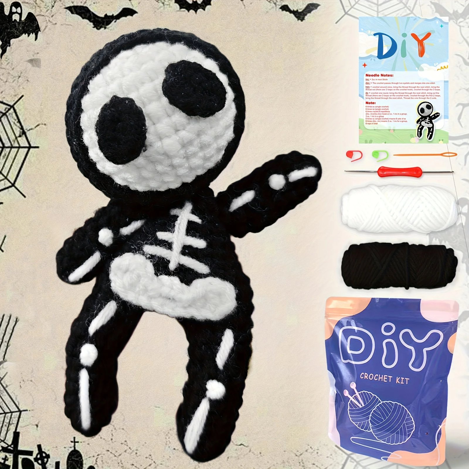 1pc Small Skull Crochet Kit, Halloween Fabric, Beginner's Crochet Kit with Step-by-Step Video Tutorial And Yarn - Image 2