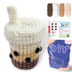 1pc Milk Tea Family Crochet Kit for Beginners- Crochet White Pink Blue Orange Easy Learn to Starter Amigurumi Knitting Kit