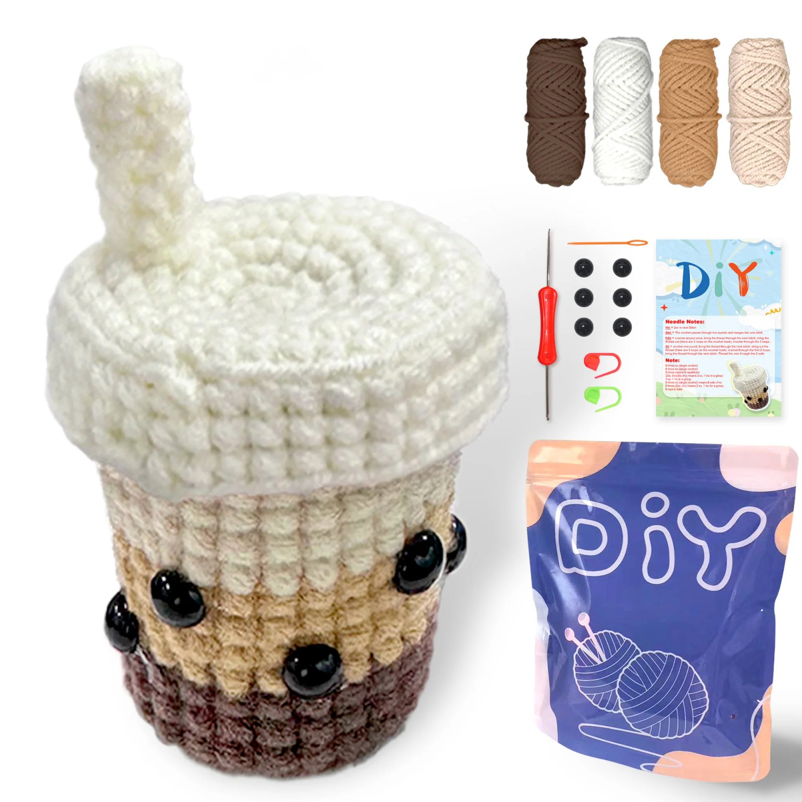 1pc Milk Tea Family Crochet Kit for Beginners- Crochet White Pink Blue Orange Easy Learn to Starter Amigurumi Knitting Kit