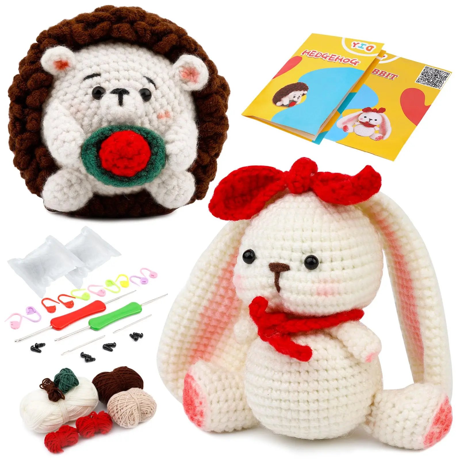 Fenrry Hedgehog and Rabbit Crochet Kits DIY Beginners With Yarn Balls Stitch Markers Needles Instruction Accessories