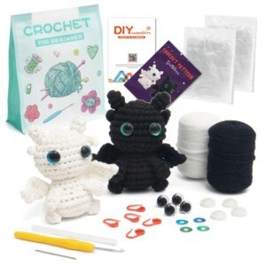Black White Crochet Animal Doll Crochet Kit with Yarn Tools for DIY Work Gift