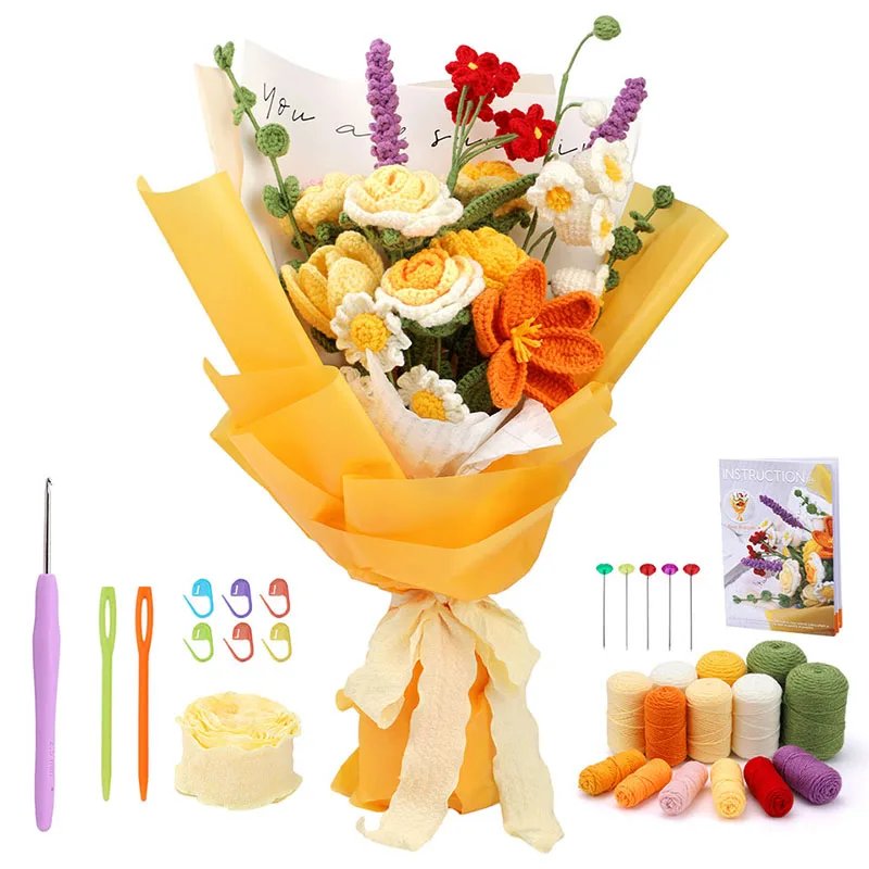 KRABALL Crochet Bouquet of Flowers Kit With Instruction Knitting Yarn Thread Needles Hooks Easy Knit Accessories Set DIY Craft