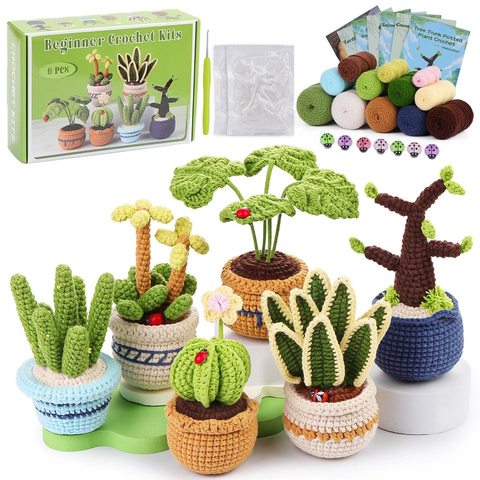 KRABALL 6PCS Succulents Plants Crochet Set With Cotton Yarn Thread And Instruction For Beginners DIY Handmade Craft Accessories