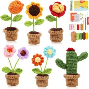 6Pcs Flower Crochet Knitting Kit With Crochet Needles Fiberfill And Instruction For Doll Making DIY Non-finished Craft
