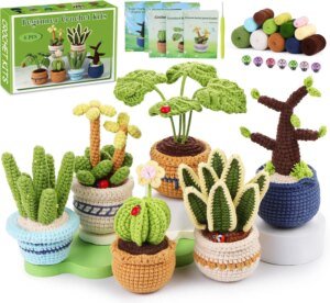 6PCS Succulents Plants Crochet Kits for Beginners Knitting Set with Step-by-Step Video Tutorials Yarn Needles for Adults