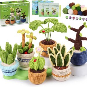 6PCS Succulents Plants Crochet Kits for Beginners Knitting Set with Step-by-Step Video Tutorials Yarn Needles for Adults