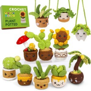 Beginner Crochet Kit for Adults 11 Pcs Potted Plant with Step-by-Step Video Tutorials with Hook Knitting Needles Accessories