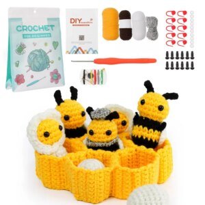 Honeycomb Bee Crochet Kit for Beginners - Cute Amigurumi Plush Animal Set with Video Tutorials