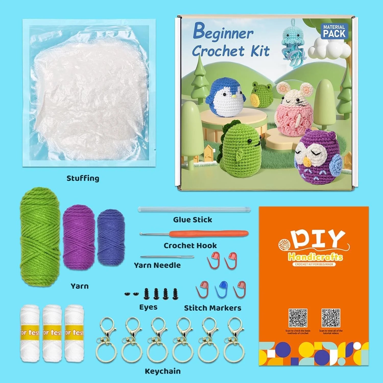 Beginner Crochet Kit 6 Animals: Frog, Hamster, Jellyfish, Dino, Penguin, Owl - Complete DIY Plush with Instructions - Image 2
