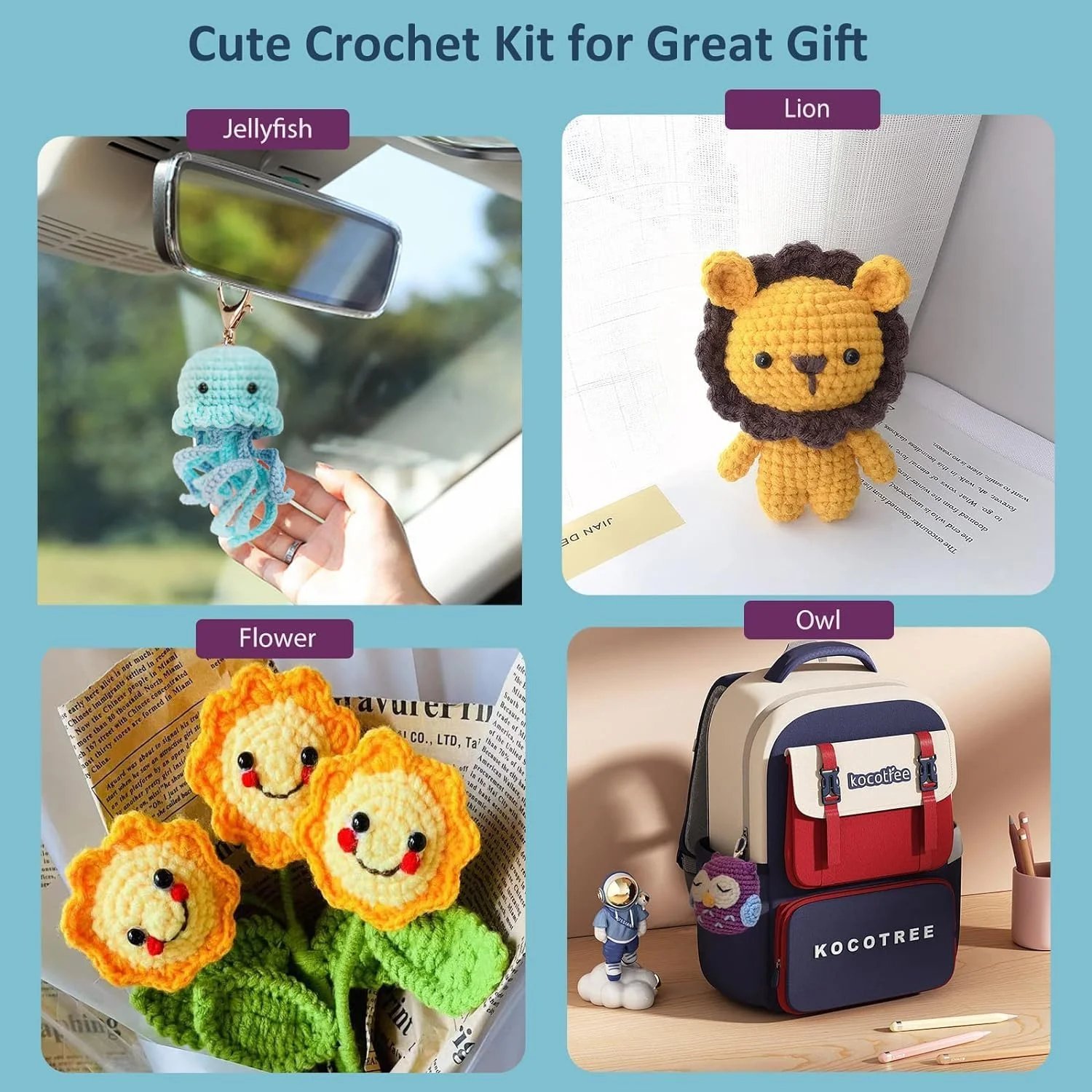 Beginner Crochet Kit 6 Animals: Frog, Hamster, Jellyfish, Dino, Penguin, Owl - Complete DIY Plush with Instructions - Image 3