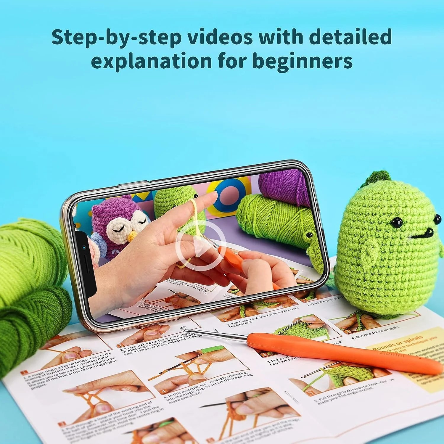 Beginner Crochet Kit 6 Animals: Frog, Hamster, Jellyfish, Dino, Penguin, Owl - Complete DIY Plush with Instructions - Image 4