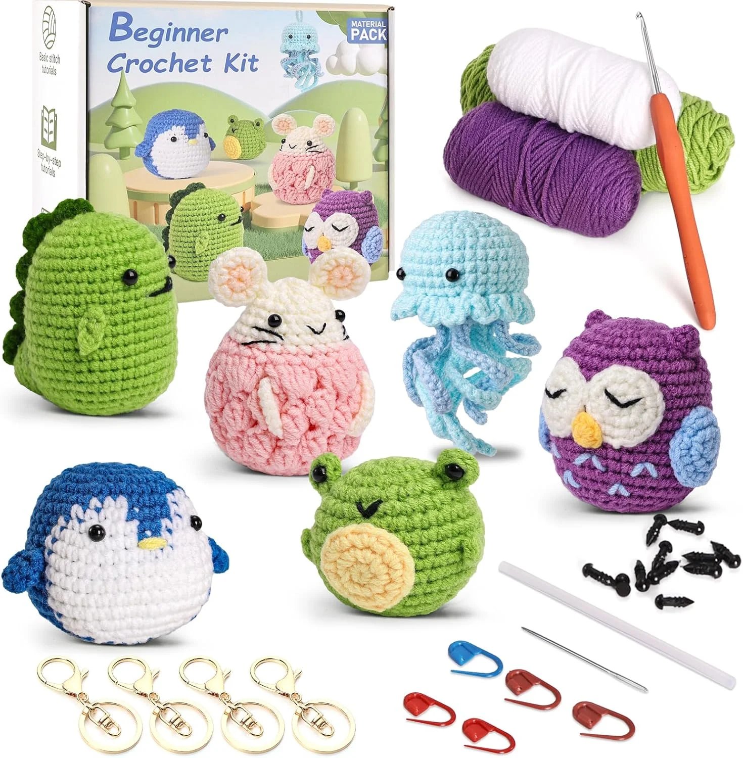Beginner Crochet Kit 6 Animals: Frog, Hamster, Jellyfish, Dino, Penguin, Owl - Complete DIY Plush with Instructions