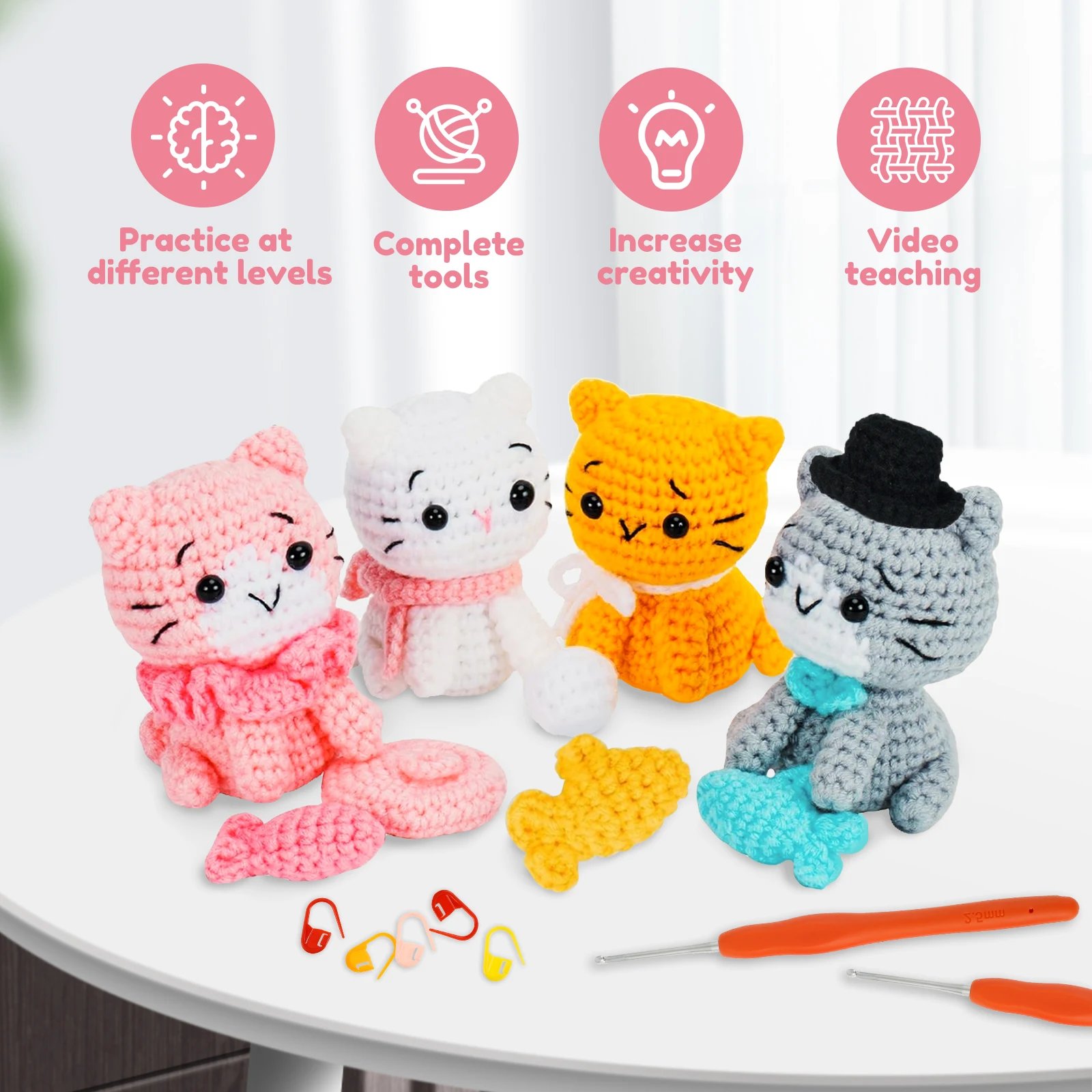 Beginner Crochet Kit Make 4 Adorable Cats - Yarn, Hooks, Tutorial Included - Image 2