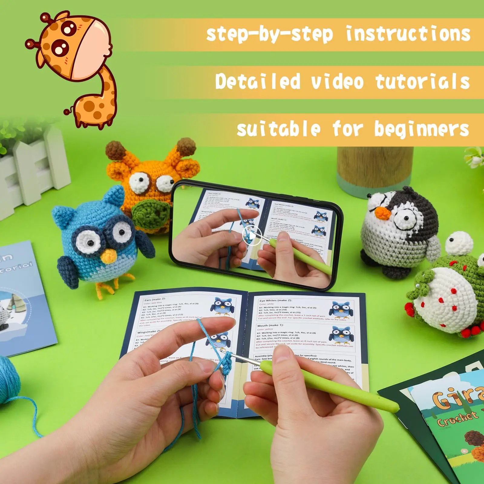 4PCS Animals Crochet Kit for Beginners - Giraffe, Penguin, Frog & Owl with Video Tutorials - Image 4