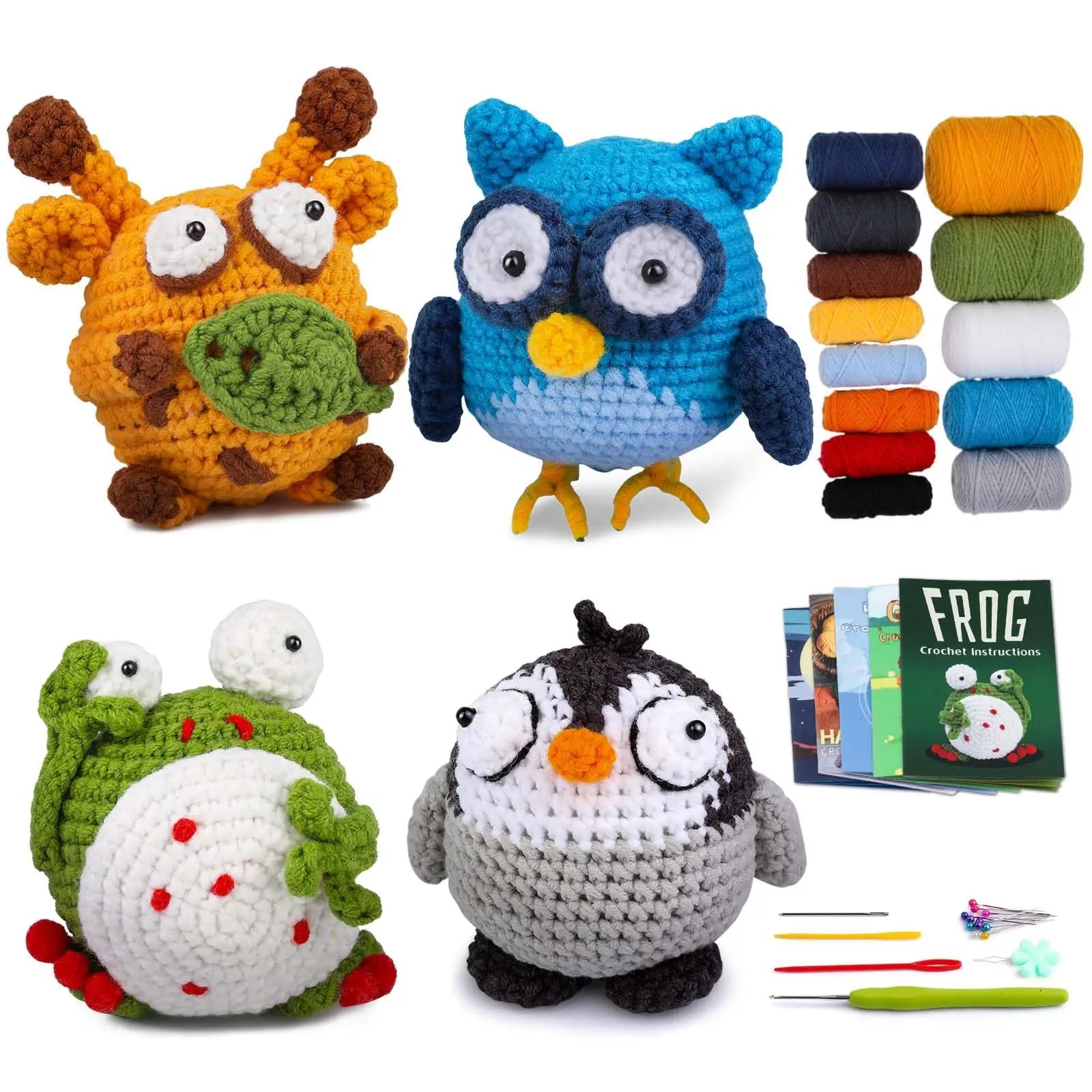 4PCS Animals Crochet Kit for Beginners - Giraffe, Penguin, Frog & Owl with Video Tutorials
