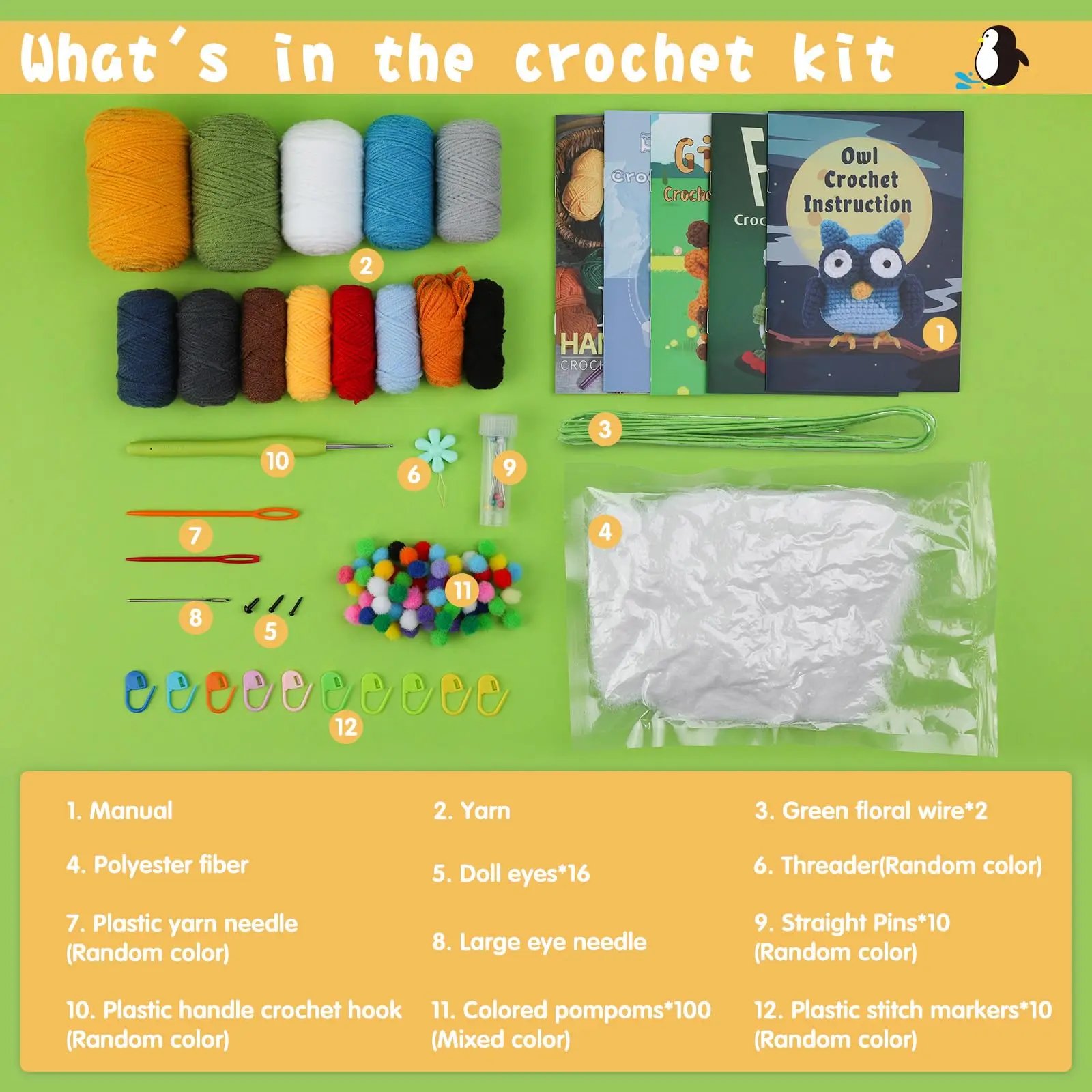 4PCS Animals Crochet Kit for Beginners - Giraffe, Penguin, Frog & Owl with Video Tutorials - Image 2