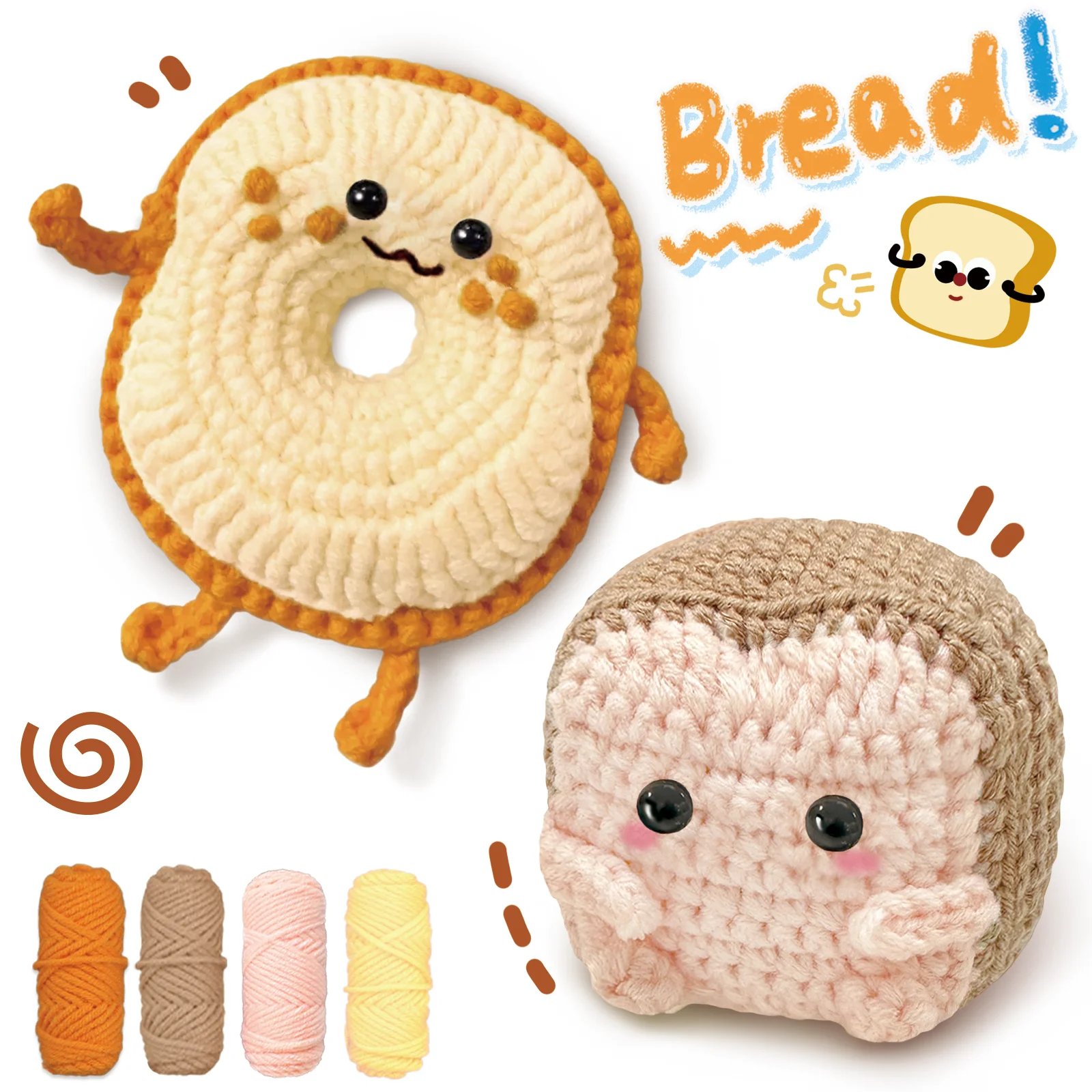 2PCS Bread Toast Amigurumi Crochet Kit for Beginners - Complete Easy Starter Set